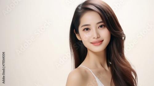 Beautiful Asian Woman Portrait Studio Photo Photography Profile Picture Young Model with Long Hair for Fashion Beauty Skincare Haircare Products on Beige Light Color Background 16:9