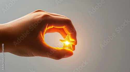 Hand holding a shining star, fingers delicately touching generative ai