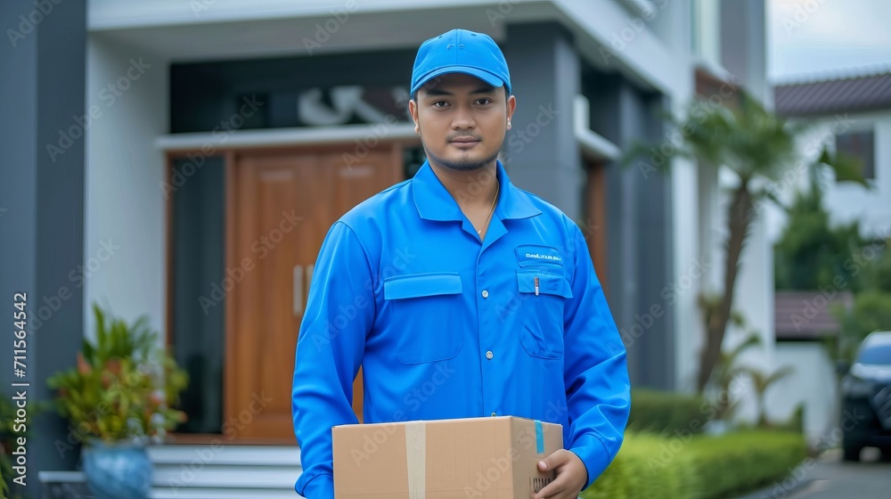 Delivery courier service blue uniformed delivery man delivering package to customer s home Delivery courier service blue uniformed delivery man delivering package to customer s home