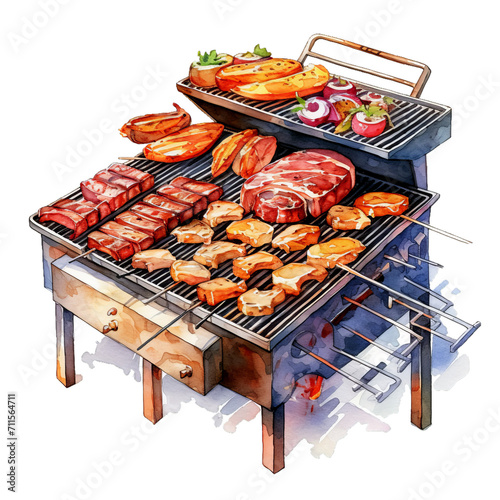 Grill Aquarell BBQ Fleisch Gemüsespieße Feuer Kochkunst Wandkunst Outdoor Kochen Sommerparty Essen Illustration Handgemalt Lebensmittelkunst Gartenparty Dekor photo