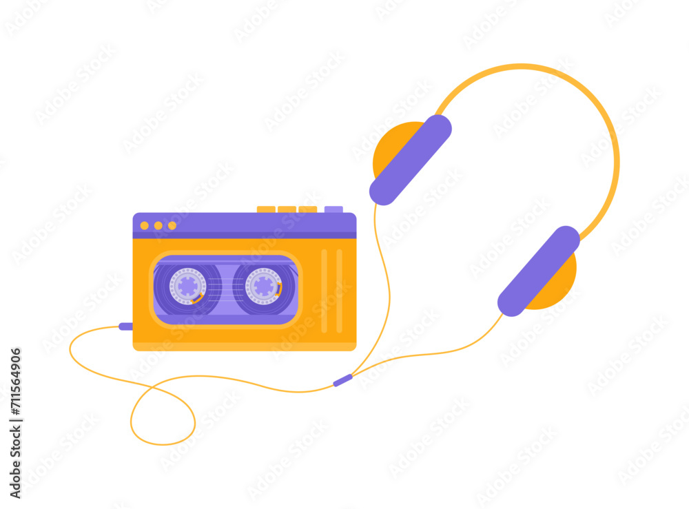 Yellow and purple retro audio player with headphones isolated on white background. Flat vector illustration