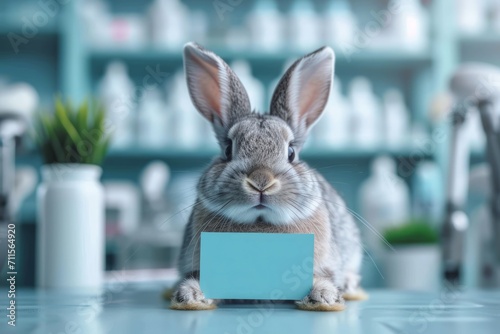 rabbit sits on a table in front of a background of shelves with bottles  holding a sign with a copy space place in front of him. The atmosphere of a laboratory office