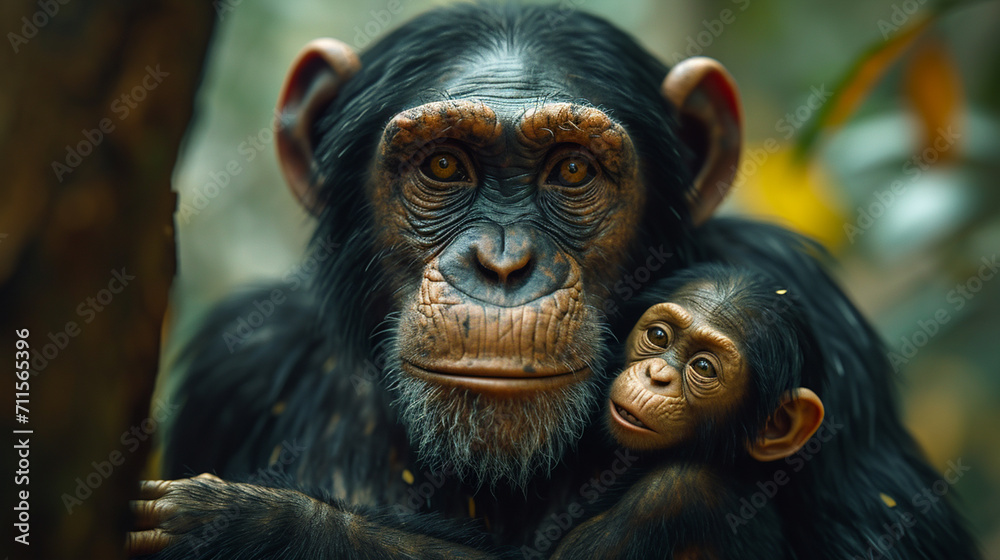 Chimpanzee mother with her little baby. Chimpanzee mother with her little baby.
