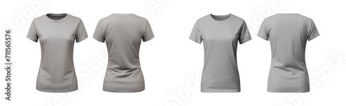realistic set of female grey t-shirts mockup front and back view isolated on a transparent background, cut out