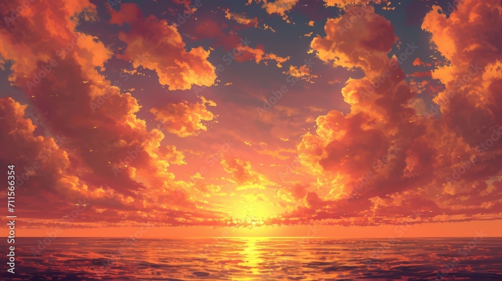 sunset over the ocean. Manga style clouds generative ai