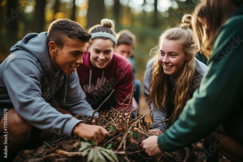 A diverse group of high school students engaged in an outdoor team-building activity, promoting collaboration and leadership skills essential for the modern academic environment.