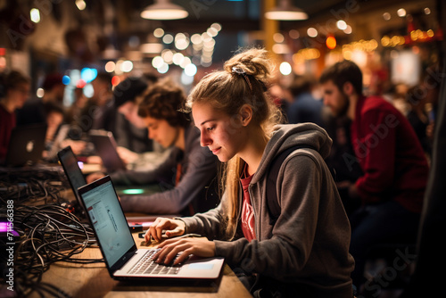 An energetic scene of students participating in a hackathon, surrounded by laptops and technology, illustrating the passion and drive of the next generation in the field of compute photo