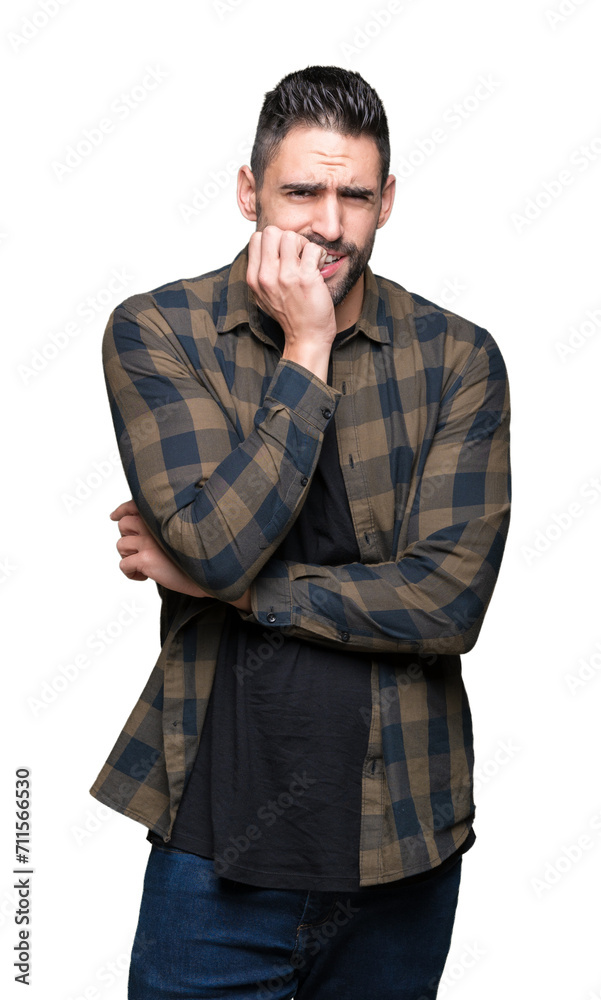 Young handsome man over isolated background looking stressed and nervous with hands on mouth biting nails. Anxiety problem. Young handsome man over isolated background looking stressed and nervous with hands on mouth biting nails. Anxiety problem.