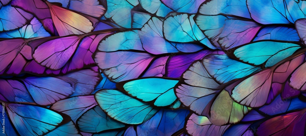 Close up of delicate butterfly scales showcasing mesmerizing iridescent hues and intricate patterns