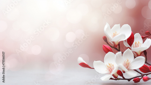 Red and white beautiful martisor spring flowers background with copy space