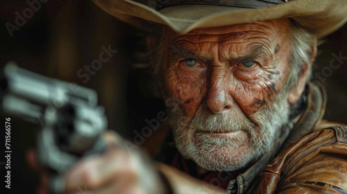 Elderly cowboy holding gun.
