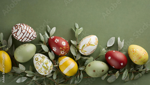 Uova di Pasqua decorate su sfondo verde oliva photo