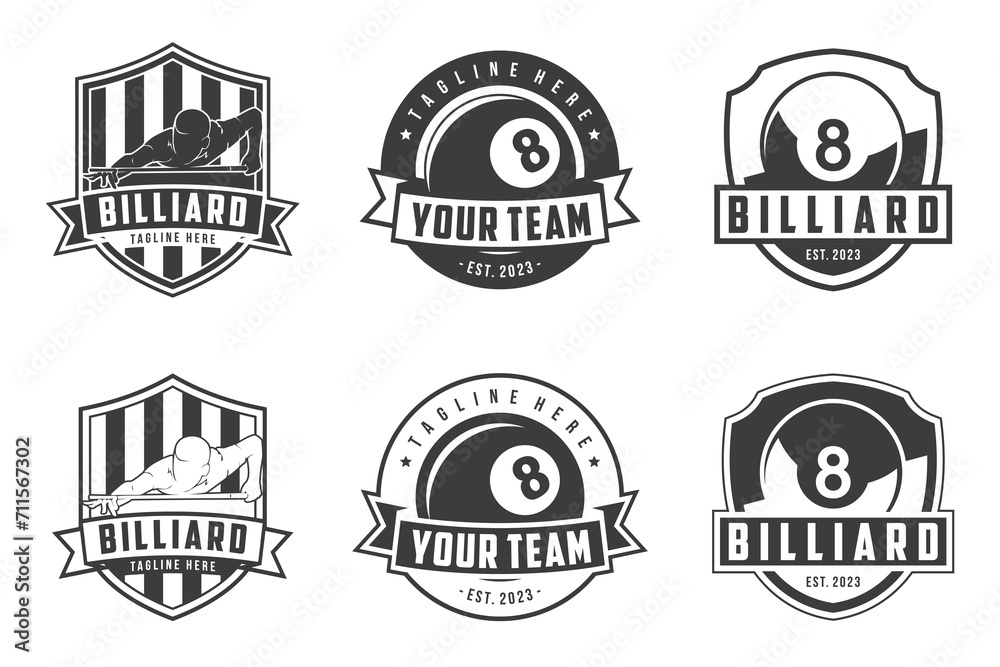 Billiard Design Logo Vector Set, Billiard Club Label Badge Sign Set Vector Concept, Monochrome logo set for billiard club