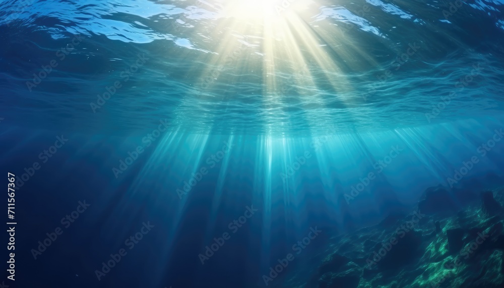 Blue ocean underwater with sunrays reaching background - obrazy, fototapety, plakaty 