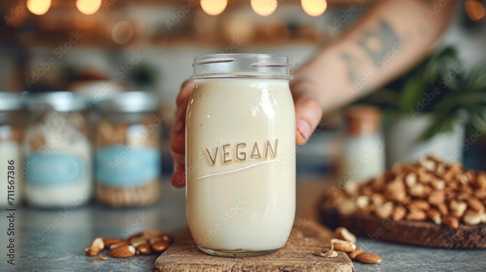 A glass bottle of almond milk with the label "VEGAN" on a wooden table, the container surrounded by nuts. Concept: vegan dairy products, environmentally friendly nutrition. - obrazy, fototapety, plakaty 