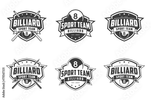 Billiard Design Logo Vector Set, Billiard Club Label Badge Sign Set Vector Concept, Monochrome logo set for billiard club