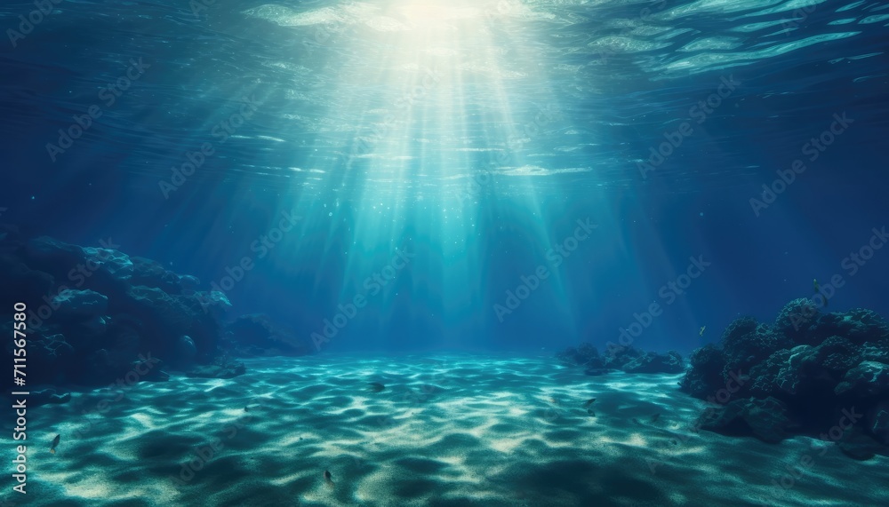 Blue ocean underwater with sunrays reaching background Blue ocean underwater with sunrays reaching background