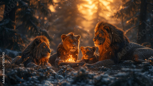 Group of lions at night forest with a fireplace.