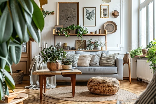 Stylish scandi compostion at living room interior with design gray sofa, wooden coffee table, shelf, cube, carpet, rattan pouf, plants, picture frame, table lamp and elegant accessories in home decor. photo