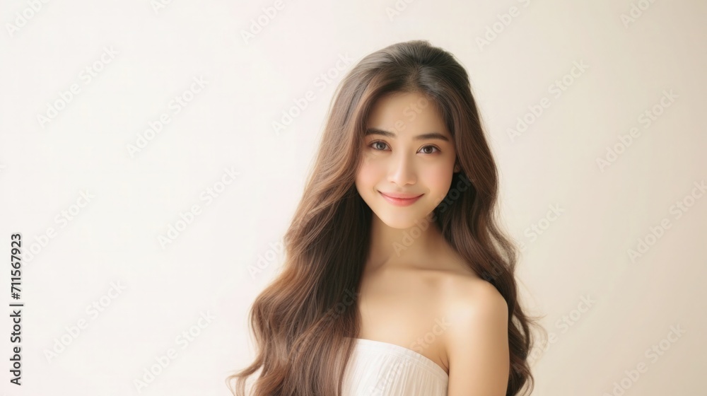 Beautiful Asian Woman Happy Bride Closeup Portrait Studio Photo Photography Profile Picture Young Model with Long Hair Concept of Bridal Wedding Dress on White Light Color Background 16:9 Beautiful Asian Woman Happy Bride Closeup Portrait Studio Photo Photography Profile Picture Young Model with Long Hair Concept of Bridal Wedding Dress on White Light Color Background 16:9