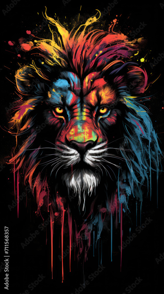 Rainbow lion with smudges of paint on a black background.