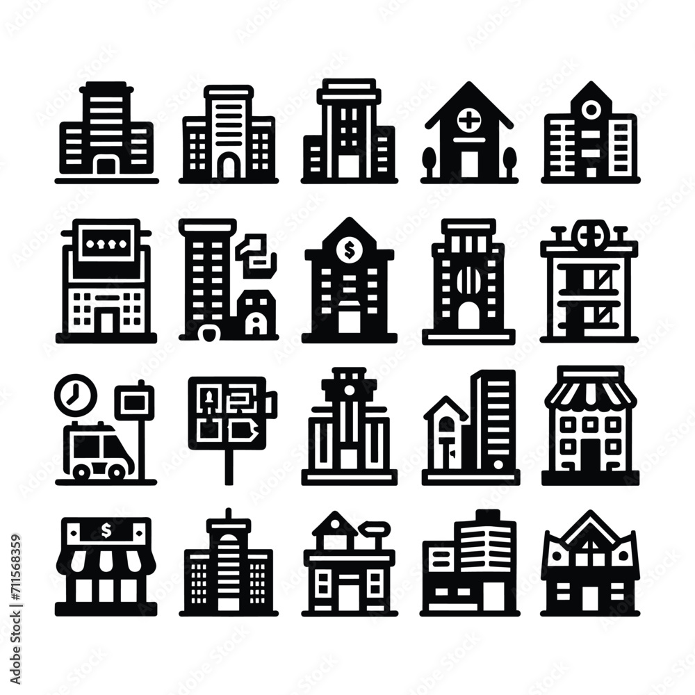 TWENTY ICON SET OF BUILDING IN WHITE AND BLACK ILLUSTRATION VECTOR