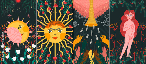 modern deck of tarot cards. prediction or fortune telling of the future and fate, mystical characters. printing on clothes or fabric	
