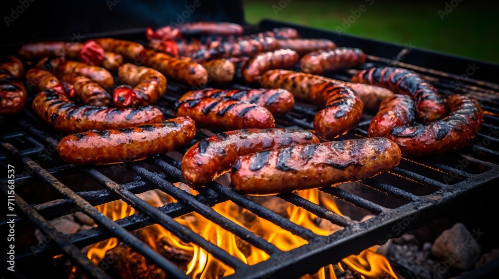 Grilled merguez sausage on a summer bbq with roasted chicken, pork, lamb, and spicy flavors Grilled merguez sausage on a summer bbq with roasted chicken, pork, lamb, and spicy flavors