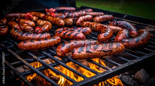 Grilled merguez sausage on a summer bbq with roasted chicken, pork, lamb, and spicy flavors