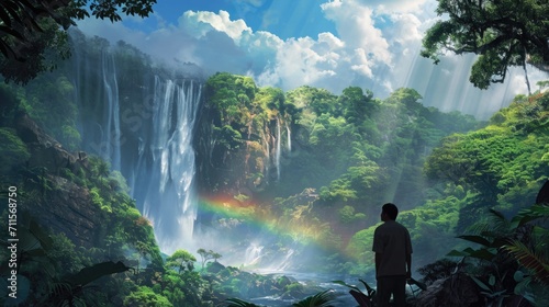 Man on his back, contemplating a rainbow over a waterfall generative ai
