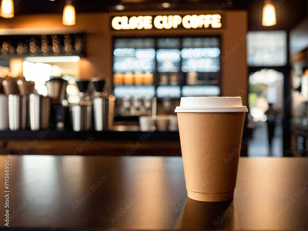 Close-up of a Paper Coffee Cup on a Bar Counter with Blurred Coffee Shop Backdrop - Perfect Mockup Inspiration. Close-up of a Paper Coffee Cup on a Bar Counter with Blurred Coffee Shop Backdrop - Perfect Mockup Inspiration.