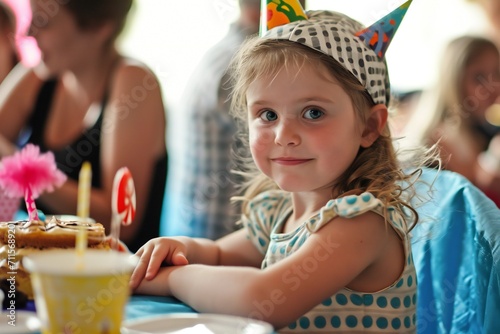 Happy pretty girl with cake at birthday party.