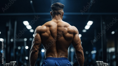 Bodybuilder training with dumbbell on dark blue background.