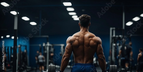 Rear view of a muscular bodybuilder doing hard training with dumbbell. He is pumping up his shoulders muscle with heavy weight. photo