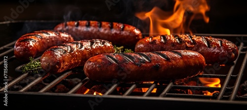 Sizzling sausage and merguez on a barbecue grill spicy meat delight at a summer party