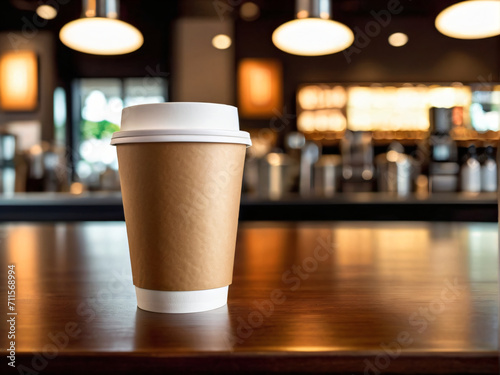 Close-up of a Paper Coffee Cup on a Bar Counter with Blurred Coffee Shop Backdrop - Perfect Mockup Inspiration.