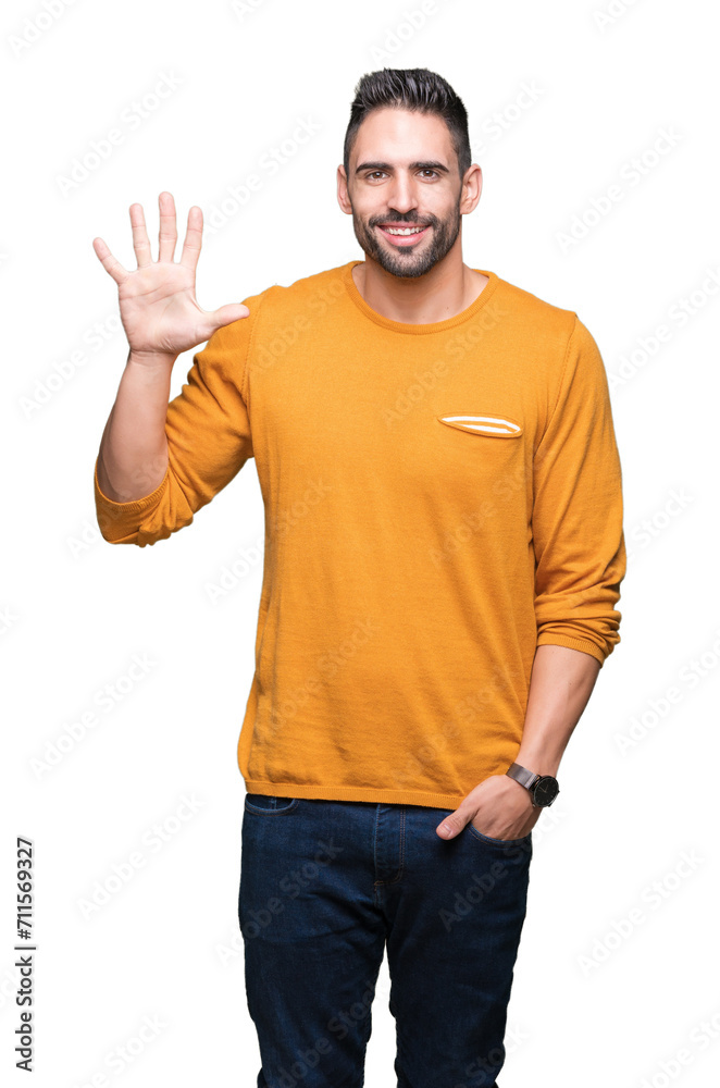 Young handsome man over isolated background showing and pointing up with fingers number five while smiling confident and happy. Young handsome man over isolated background showing and pointing up with fingers number five while smiling confident and happy.