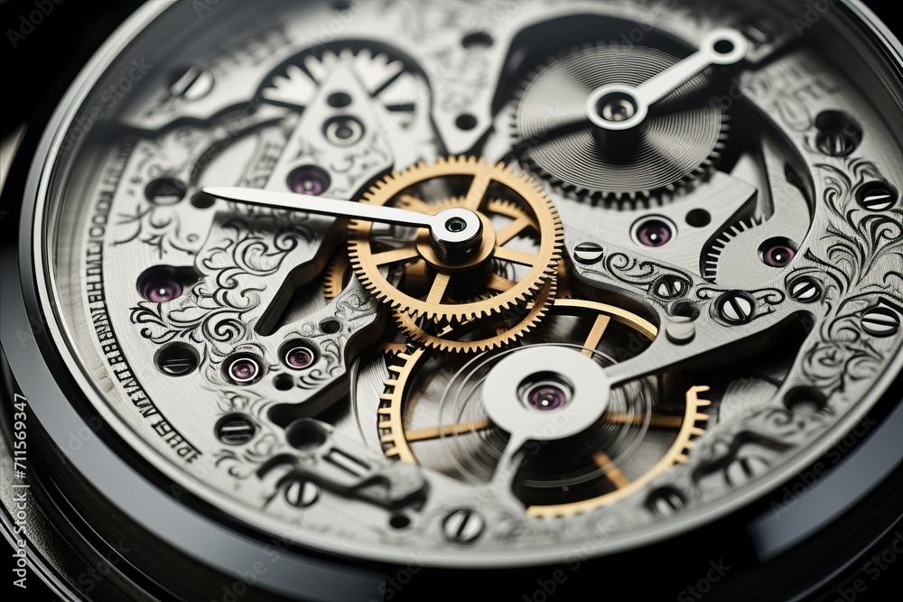 Masterfully handcrafted watch movement, showcasing intricate gears and jewels in mesmerizing detail