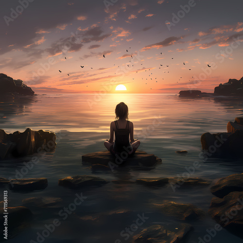 Woman meditating in lotus position on mountain peak during sunrise