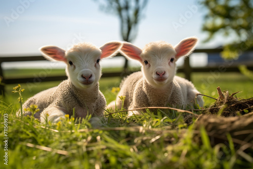 two young lambs in field 