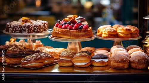 Wallpaper Mural Sweet pastries with berries. Showcase in a candy store. Glass stand with cake eclairs and tartlets. refrigerator shelves with sweets. Confectioner's work space Torontodigital.ca