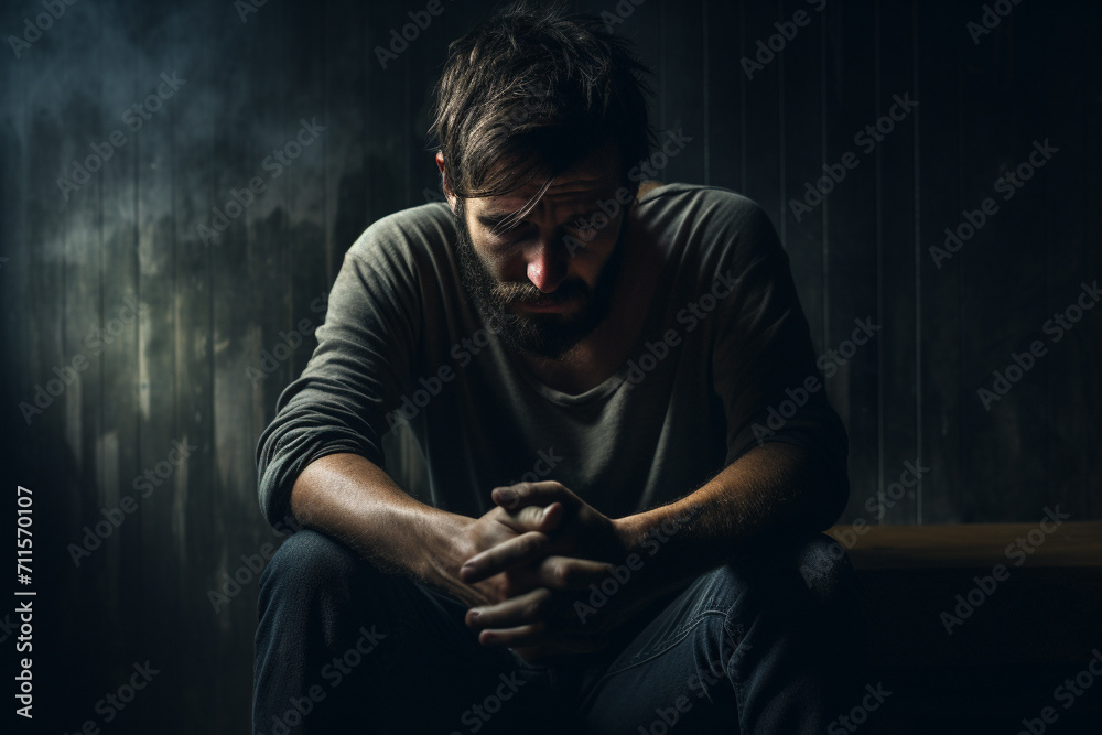 man sat alone in darkness suffering with depression 