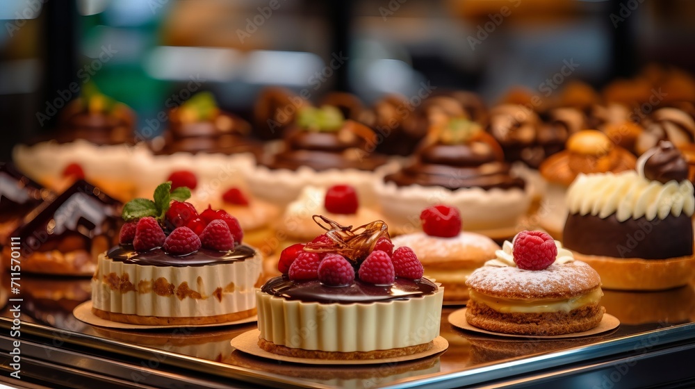 Sweet pastries with berries. Showcase in a candy store. Glass stand with cake eclairs and tartlets. refrigerator shelves with sweets. Confectioner's work space