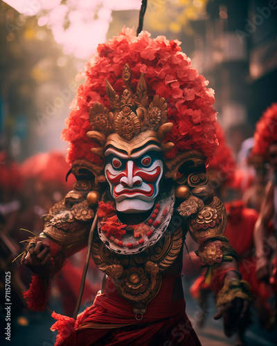 Indonesian Celebrations Lifestyle Nyepi, Hanuman Jayanti. Temple ritual dance at ceremony on religious holiday. Ethnic festivals, arts of Indonesian people