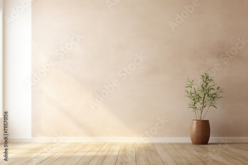 empty living room with wooden floor and plant
