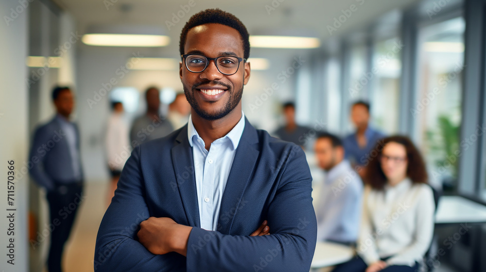 Portrait of smiling african american businessman with arms crossed in office. Ai render.