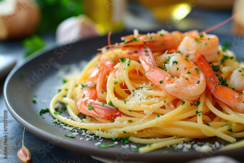 Italian pasta spaghetti with cheese and shrimp  on a plate