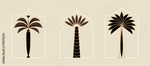 Palm tree thin line icon abstract design summer logo template modern minimal linear emblem for vacations rentals and travel services. Vector illustration