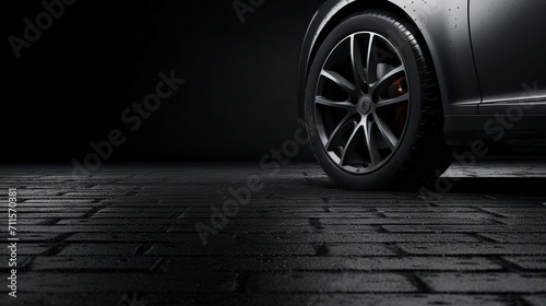 car wheel on black with copyspace  photo