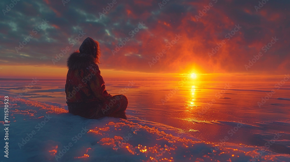 An atmospheric scene featuring an Inuit woman engaged in ice fishing, the tranquil frozen lake reflecting the glow of a setting sun, capturing the serene beauty and resilience of l - obrazy, fototapety, plakaty 